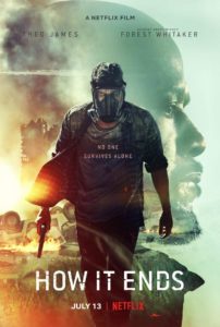 Movie poster of man in gas mask holding pistol against apocalyptic backdrop